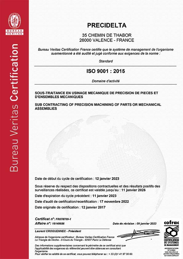 PRECIDELTA CERTIFICATION ISO 9001 : 2015